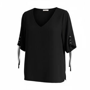 Alice Blue Black V-Neck Blouse with Lace-Up Sleeves